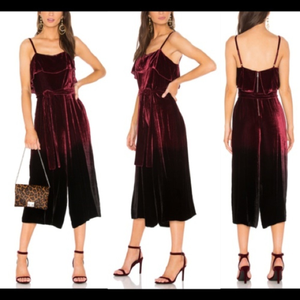 Alice + Olivia Wine Velvet Ruffle Wide Leg Jumpsuit Size 0 NEW